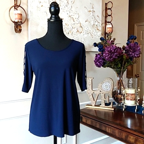 Navy Blue Elbow Sleeves Embellished Top By 89th & Madison. Size M - Picture 15 of 17